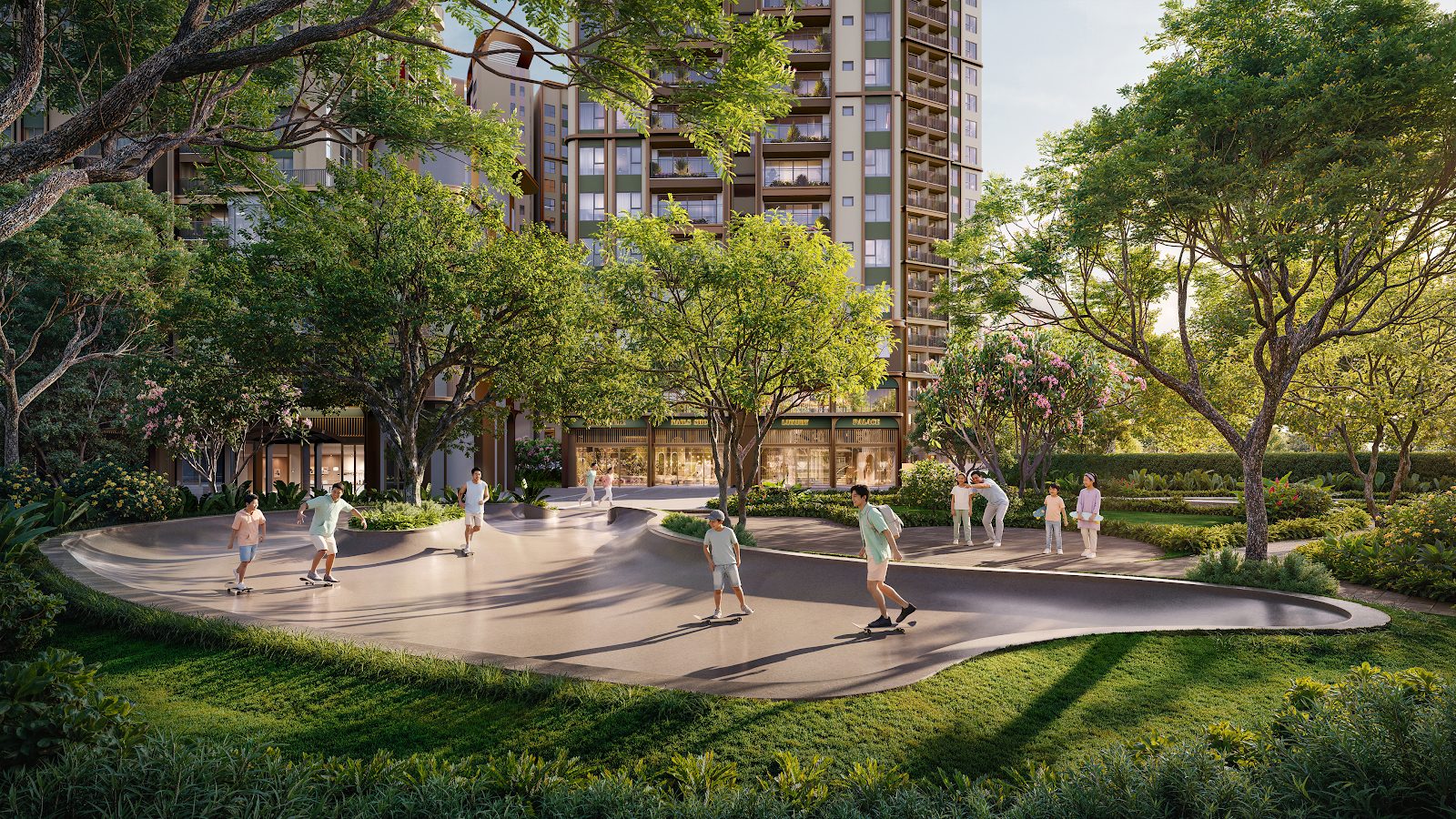Công viên trượt ván Norton Park với sân bê tông uốn lượn dưới tán cây lớn