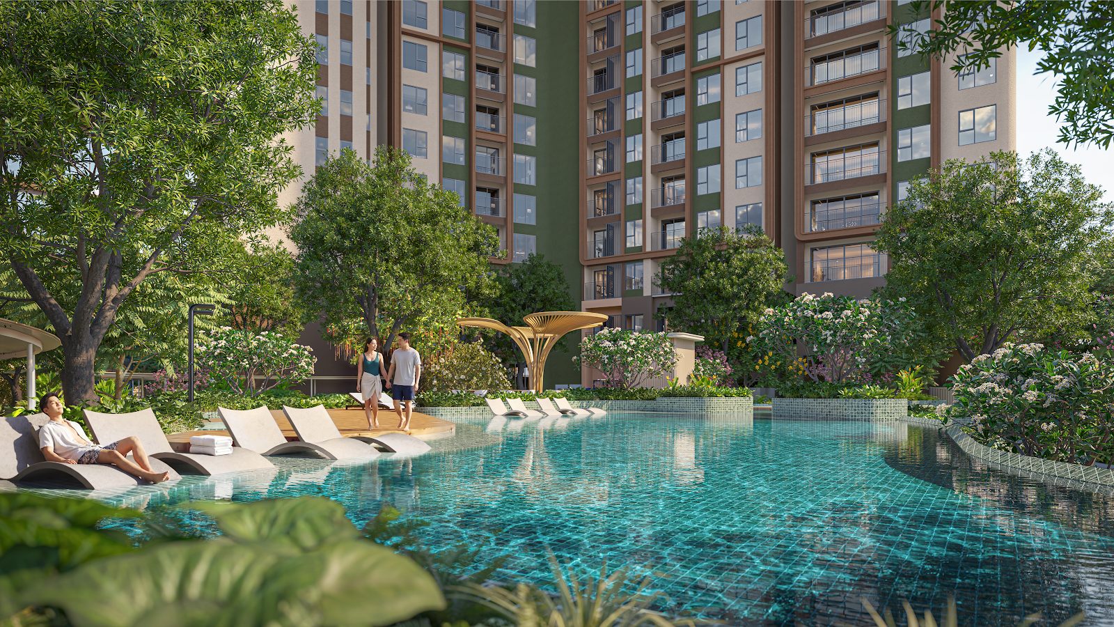 Hồ bơi trung tâm Norton Park giữa các tầng cây xanh, phía sau là các tháp căn hộ