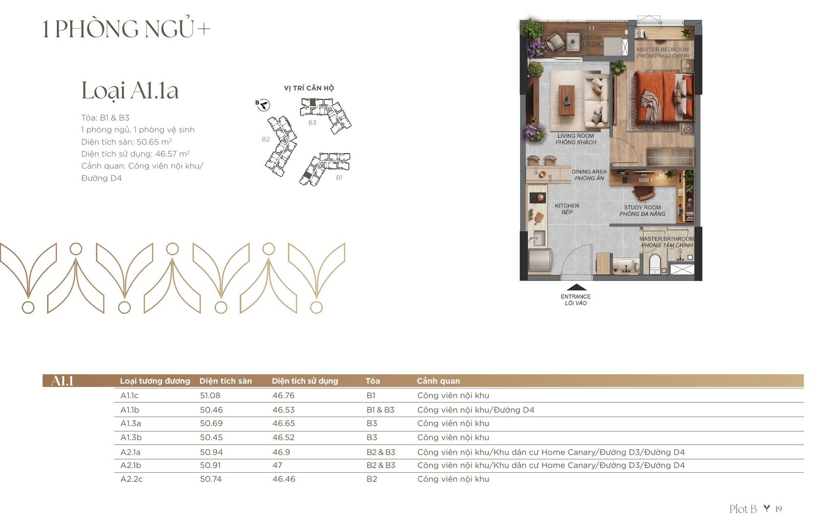 Mặt bằng căn 1 phòng ngủ+ A1.1a Norton Park, diện tích sàn 50,65 m², có phòng đa năng