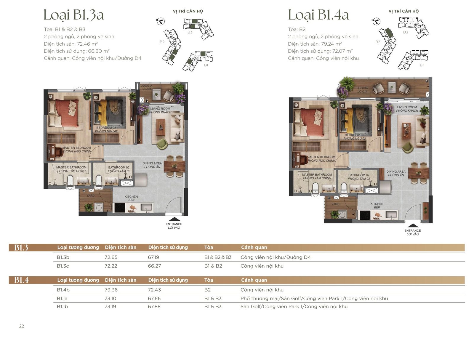 Mặt bằng căn 2 phòng ngủ B1.3a (72,46 m²) và B1.4a (79,24 m²) tại Phân khu B Norton Park