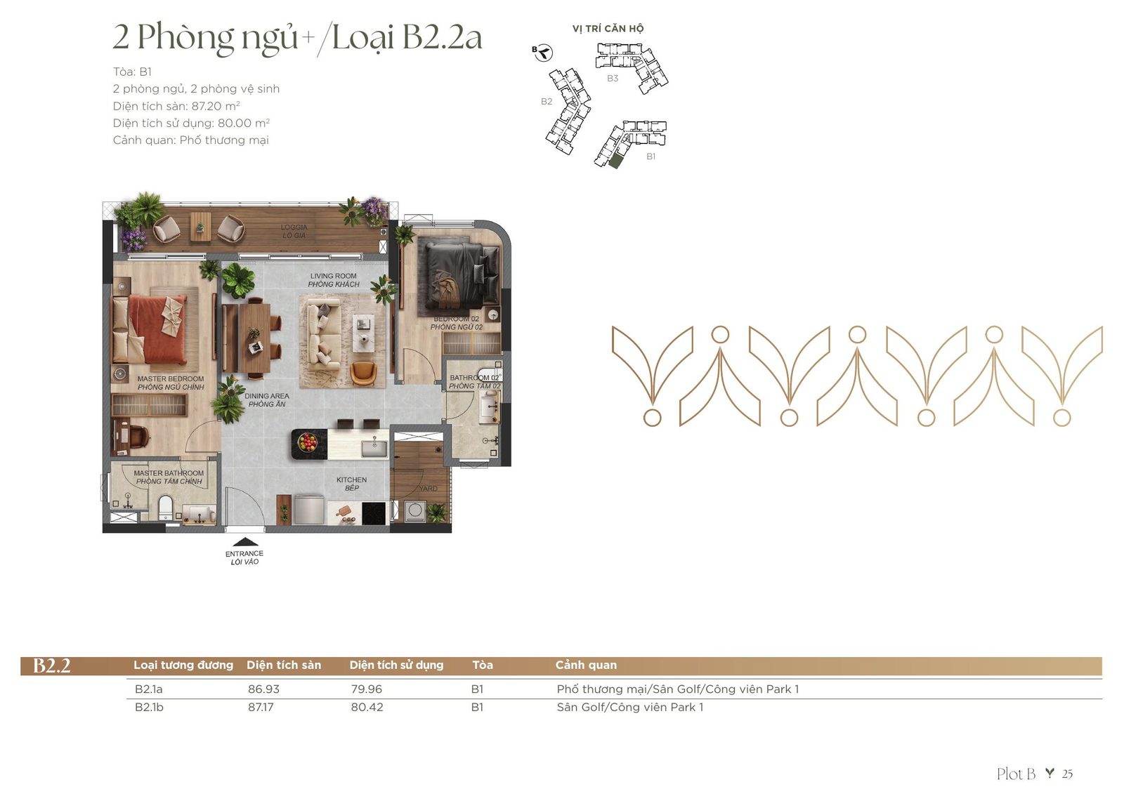 Mặt bằng căn 2 phòng ngủ+ B2.2a Norton Park, diện tích sàn 87,20 m², tại tòa B1 hướng phố thương mại