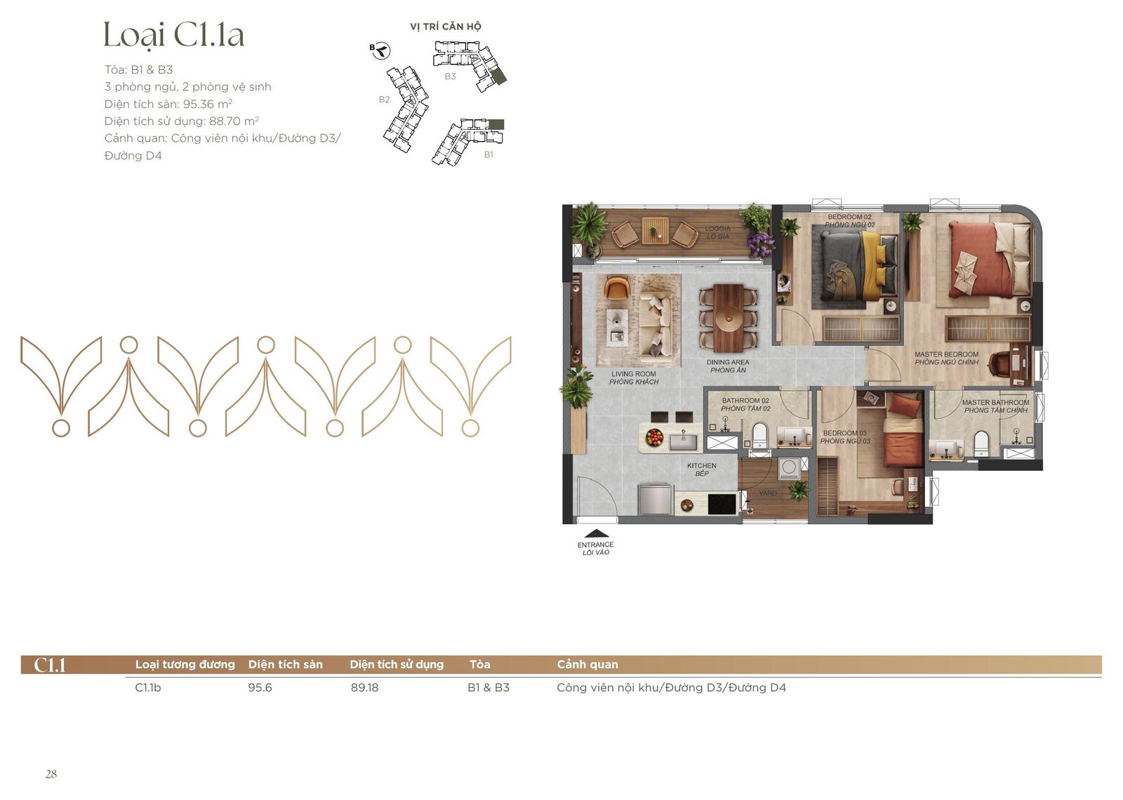 Mặt bằng căn 3 phòng ngủ C1.1a Norton Park, diện tích sàn 95,36 m², tại tòa B1 và B3
