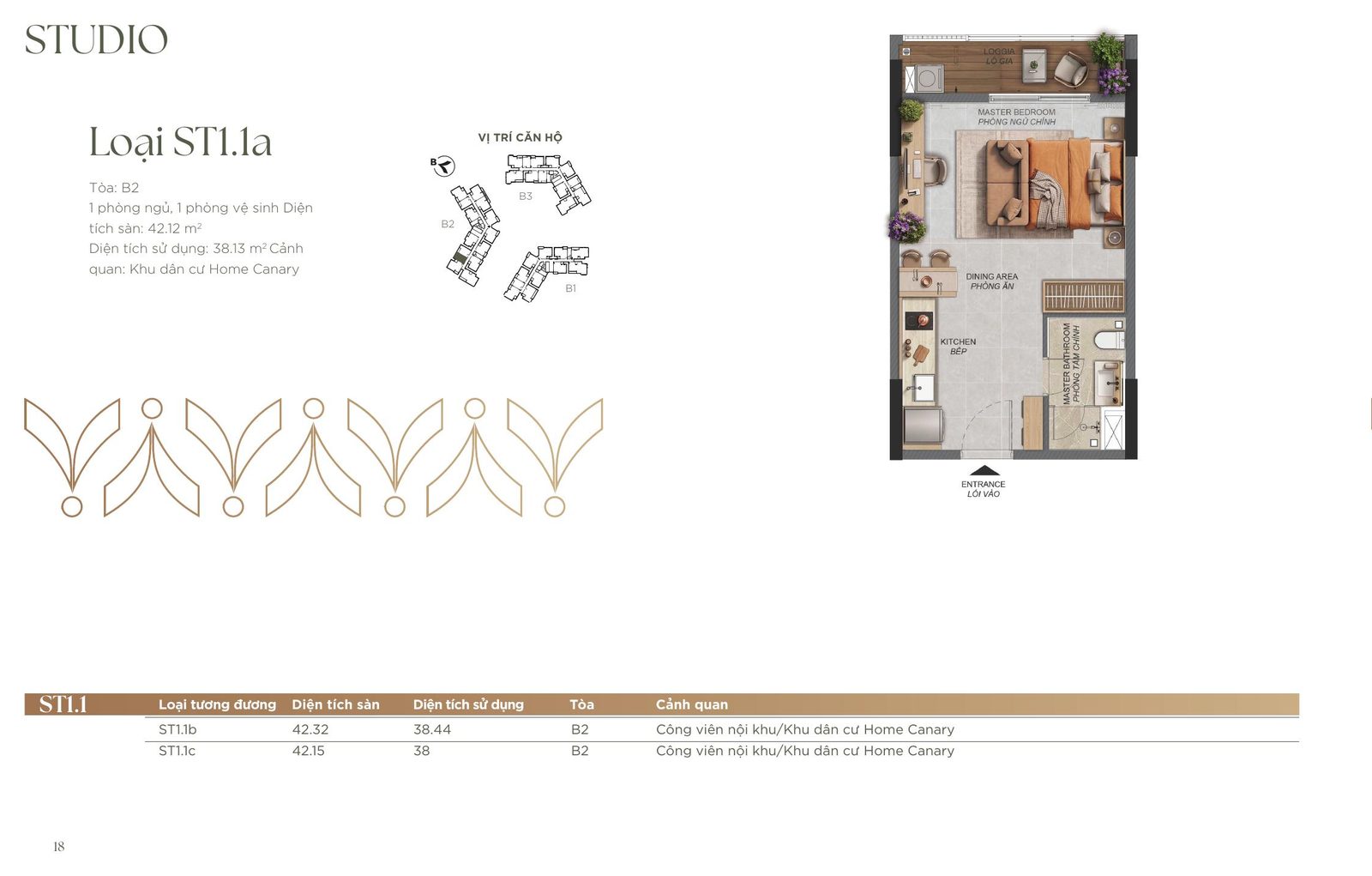 Mặt bằng căn studio ST1.1a Norton Park, diện tích sàn 42,12 m², tại tòa B2 Phân khu B