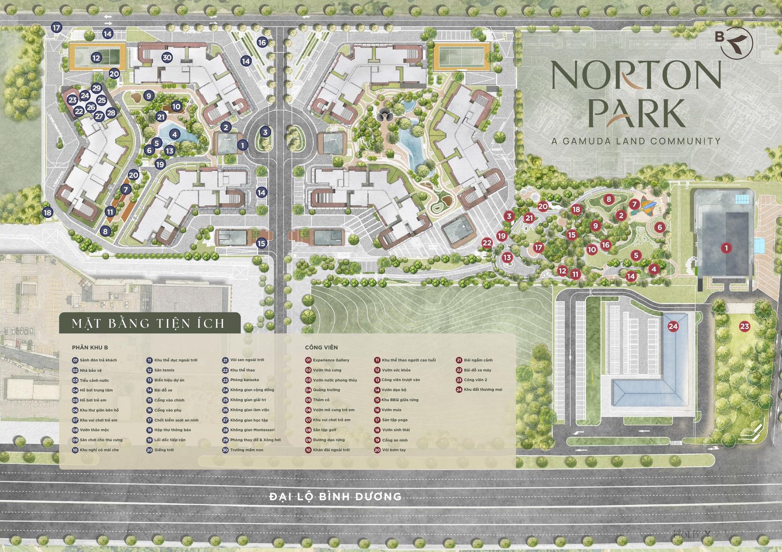 Mặt bằng tiện ích tổng thể Norton Park gồm Phân khu B, Phân khu C và khu công viên dọc Đại lộ Bình Dương