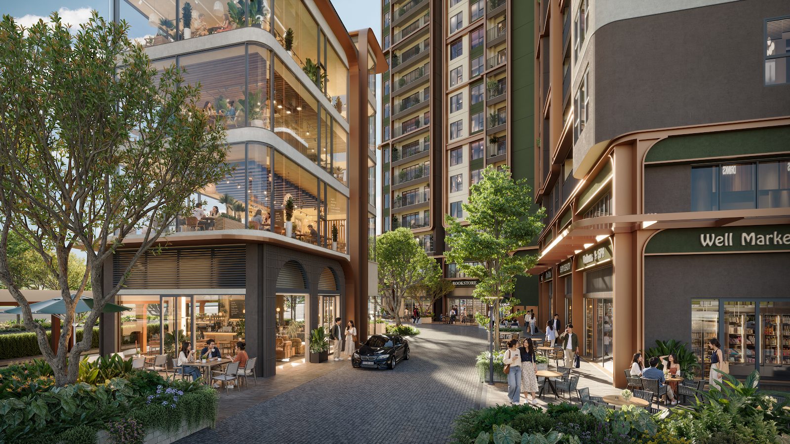 Dãy shop thương mại tại Norton Park với lối đi bộ rợp bóng cây xanh