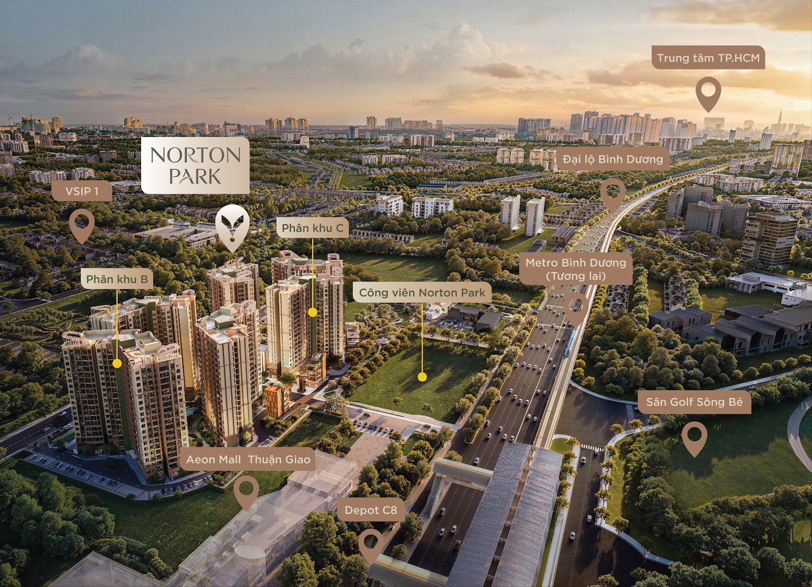 Bản đồ vị trí Norton Park: cạnh AEON Mall Thuận Giao, gần VSIP 1, sân golf Sông Bé và tuyến metro tương lai