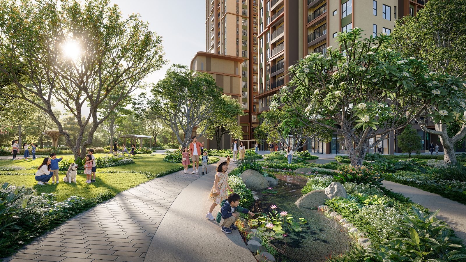 Lối dạo bộ và vườn sinh thái ven mặt nước trong cảnh quan Norton Park